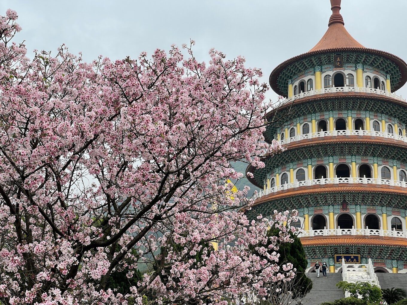 淡水天元宮宏偉的建築外觀與周邊綠意盎然的景色