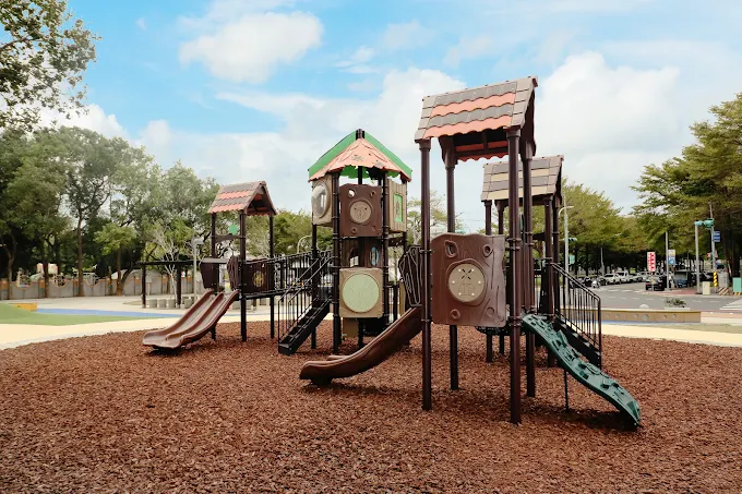 桃園星河親子公園的木質滑梯與樹屋造型遊樂設施，鋪設木屑地面，提供安全又富童趣的親子遊樂環境
