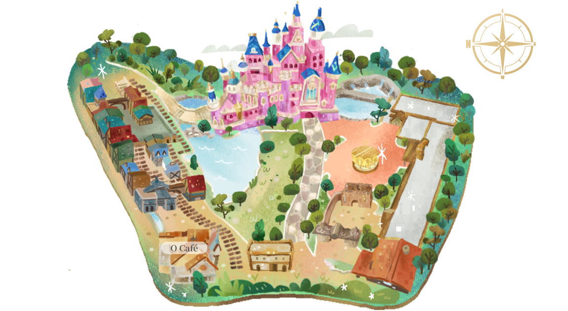嘉義歐樂沃築夢城堡園區導覽地圖,標示三大主題區與設施位置