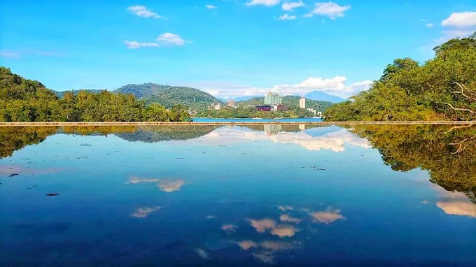 日月潭湖面如鏡倒映天空與山林，從向山觀景平台遠眺的絕美視角

