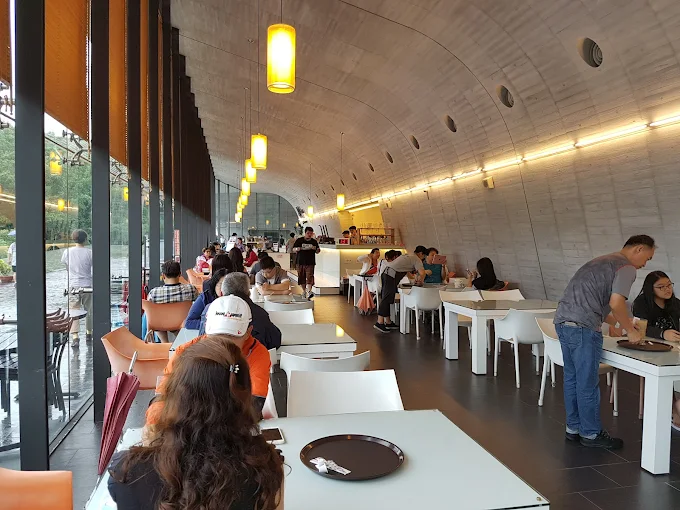 向山遊客中心內部咖啡廳座位區與弧形清水模牆面設計
