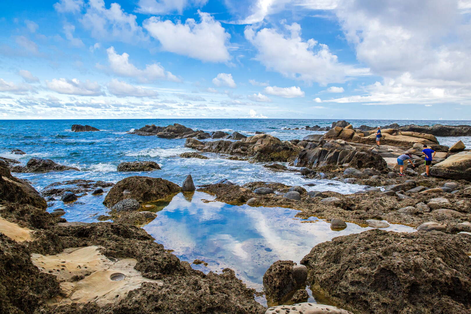 小野柳潮間帶岩石與潮池，遊客正在海岸邊探索生態
