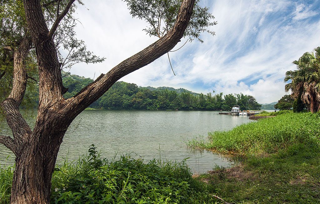 在苗栗明德水庫沿著水岸步道散步午後光影落在湖面很安靜