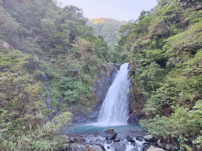 漫步於舊寮瀑布步道，陽光透過樹梢灑落，光影交織成一段美好的森林記憶。