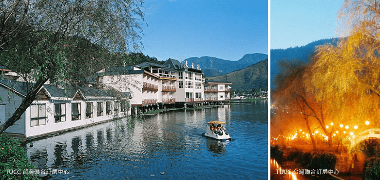 夜晚的飯店，在燈光裝飾下更顯浪漫