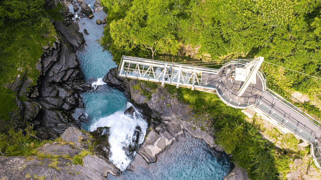 在桃園義興吊橋的午後陽光下緩緩前行，把山巒的層次與溪聲一起收進心裡