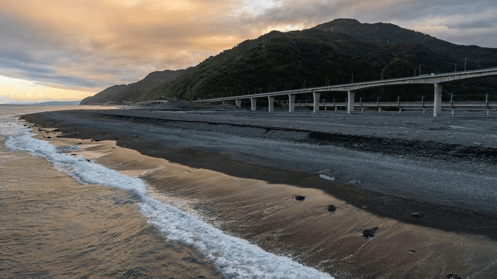 金崙海灘的鵝卵石岸與無邊際的海景，泡完溫泉後來此散步，感受太平洋的風與浪花