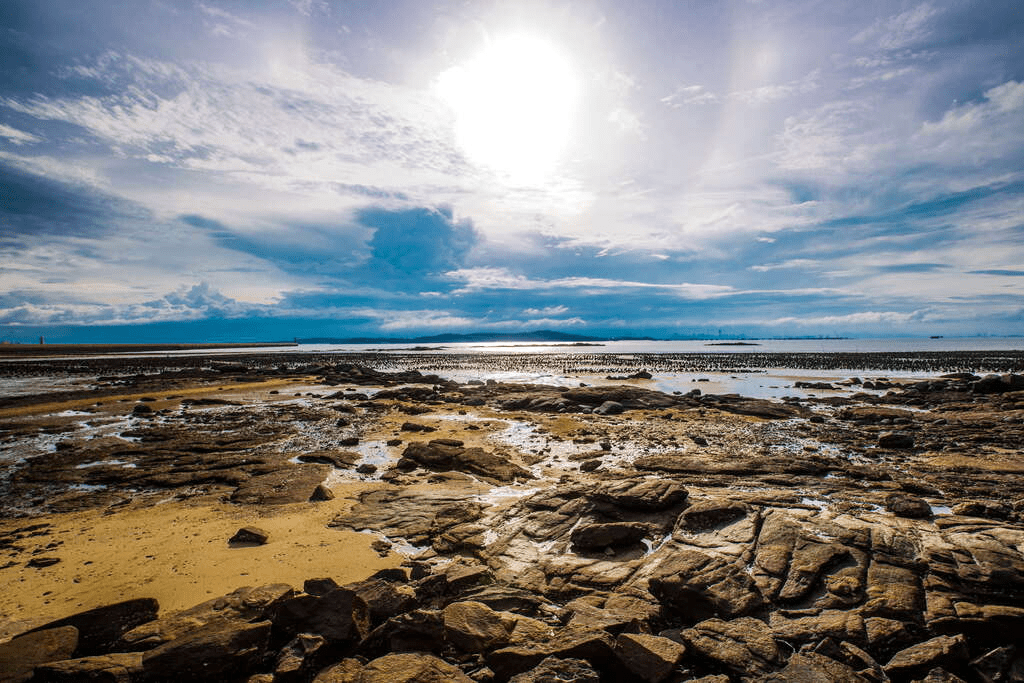 走向建功嶼的那段等待，海水緩緩退去，時間在浯江溪口留下柔軟的光影