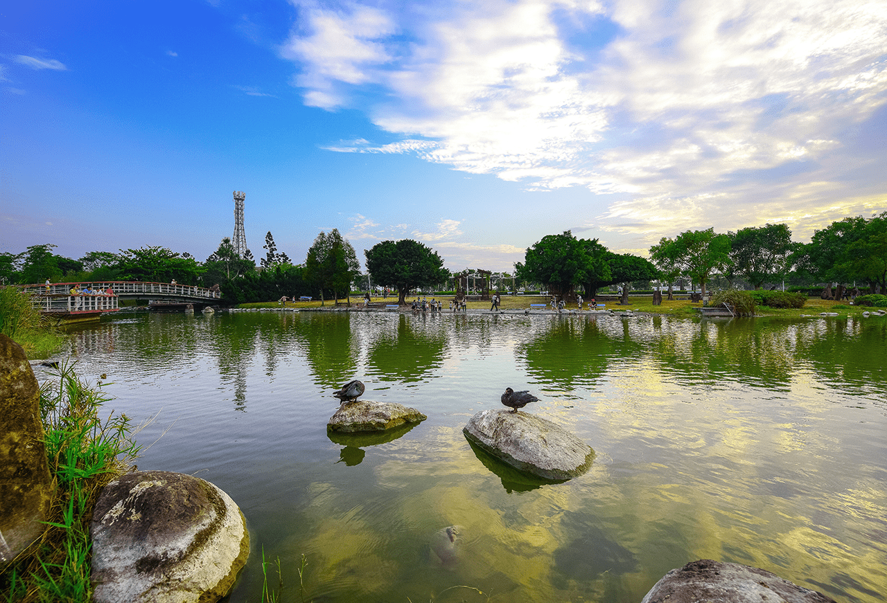 在溪州公園草地上坐一會兒，看湖水與微風交織出彰化最悠閒的公園風景