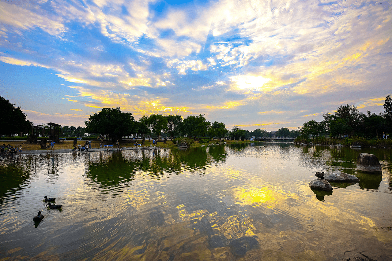 在溪州公園草地上坐一會兒，看湖水與微風交織出彰化最悠閒的公園風景