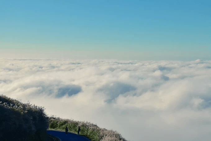 在陽明山大屯山迎風站著等夕陽落下，雲海悄悄把台北盆地整個托起來