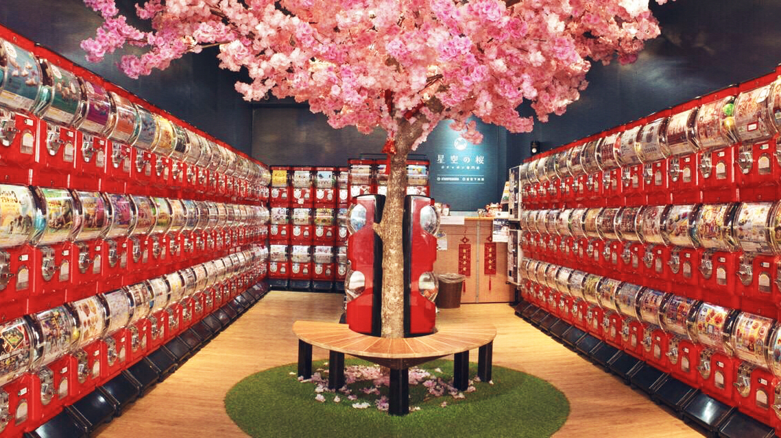 星扭蛋店內部櫻花樹與紅色扭蛋機