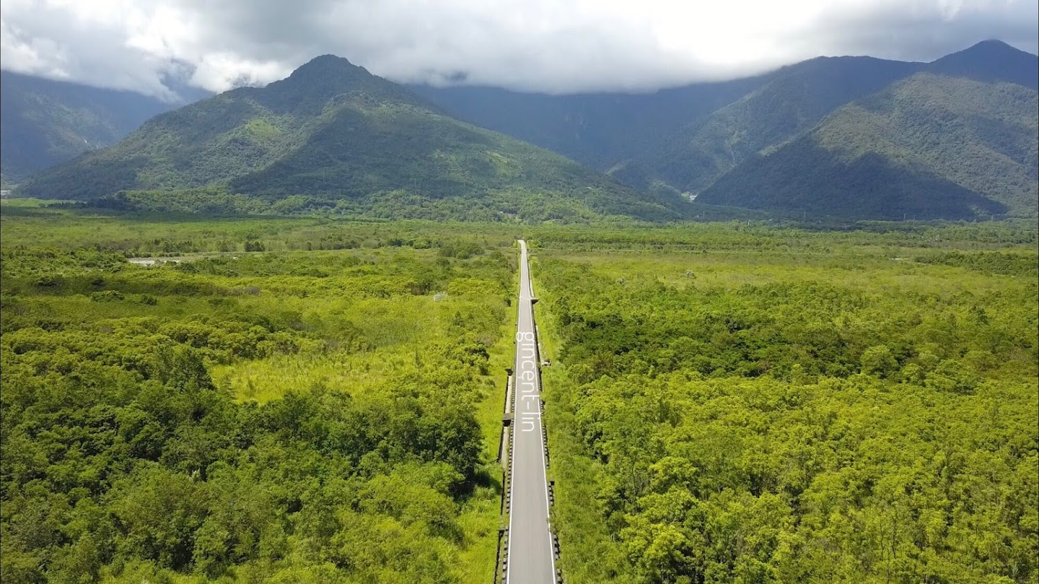 筆直公路穿越綠色山林與遠方山景