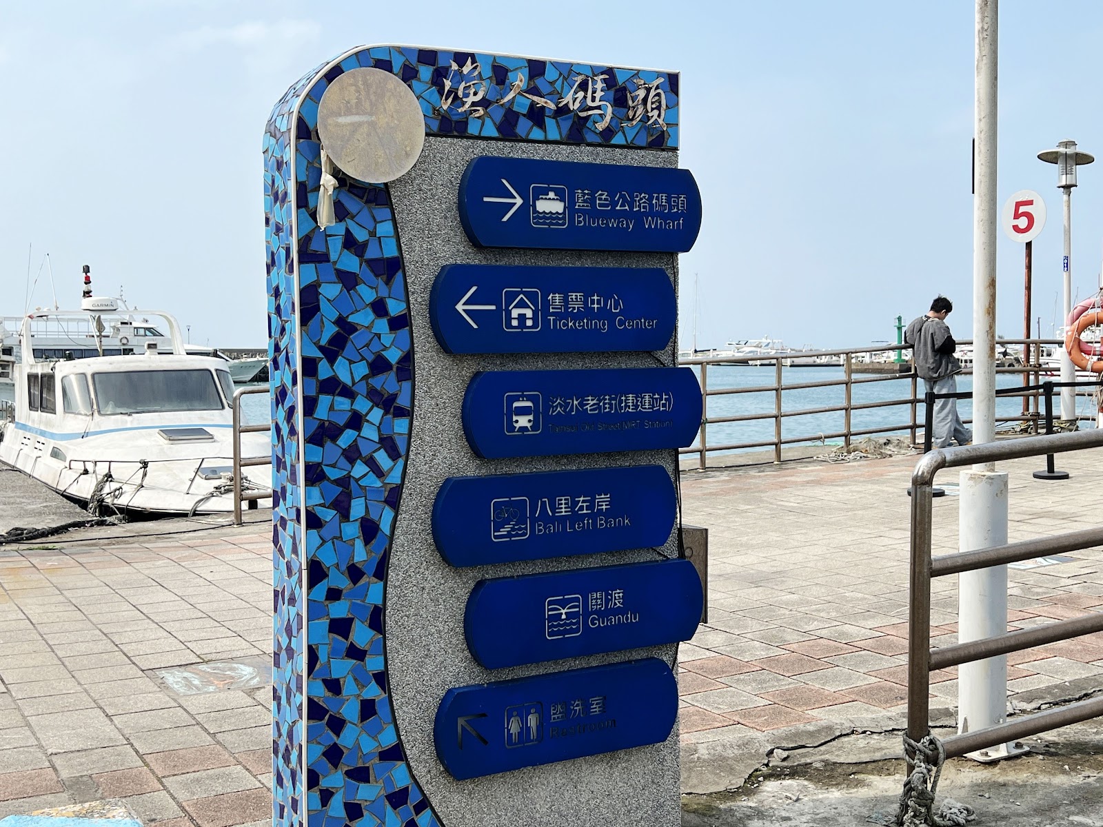 漁人碼頭藍色馬賽克指示牌,指向藍色公路碼頭、售票中心、淡水老街等方向
