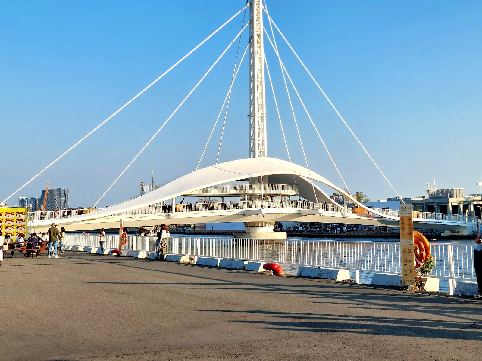 大港橋白天全景，白色斜拉橋晴空藍天