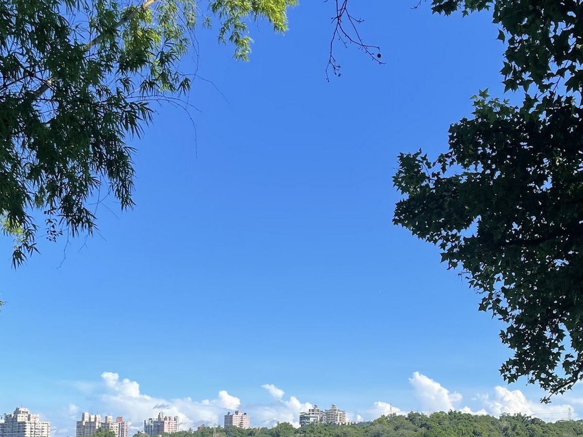 蘭潭湖景，綠樹框景藍天白雲