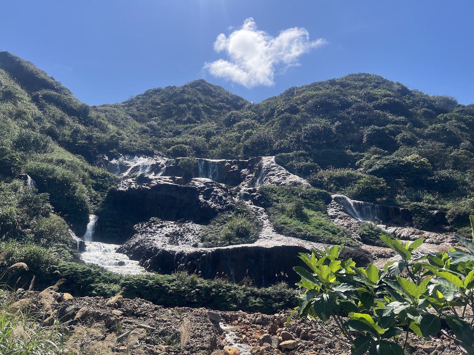 九份附近山間多層瀑布，瀑布沿岩石傾瀉而下，背景翠綠山嶺與藍天白雲