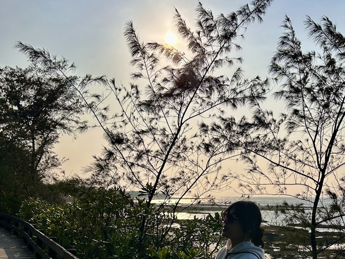 麟山鼻木棧道倚欄眺望台灣海峽夕陽，北海岸日落海景，石門區景點