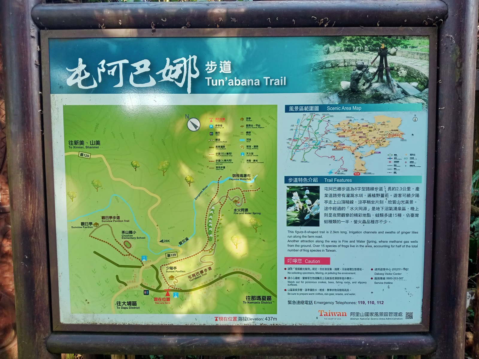 屯阿巴娜步道導覽解說牌，介紹步道特色與螢火蟲、蛙類生態