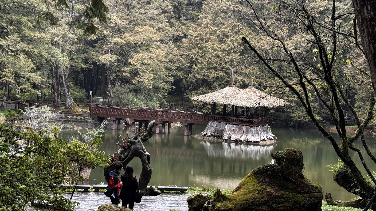 姊妹潭清晨薄霧瀰漫，湖面如鏡倒映翠綠山林晨光