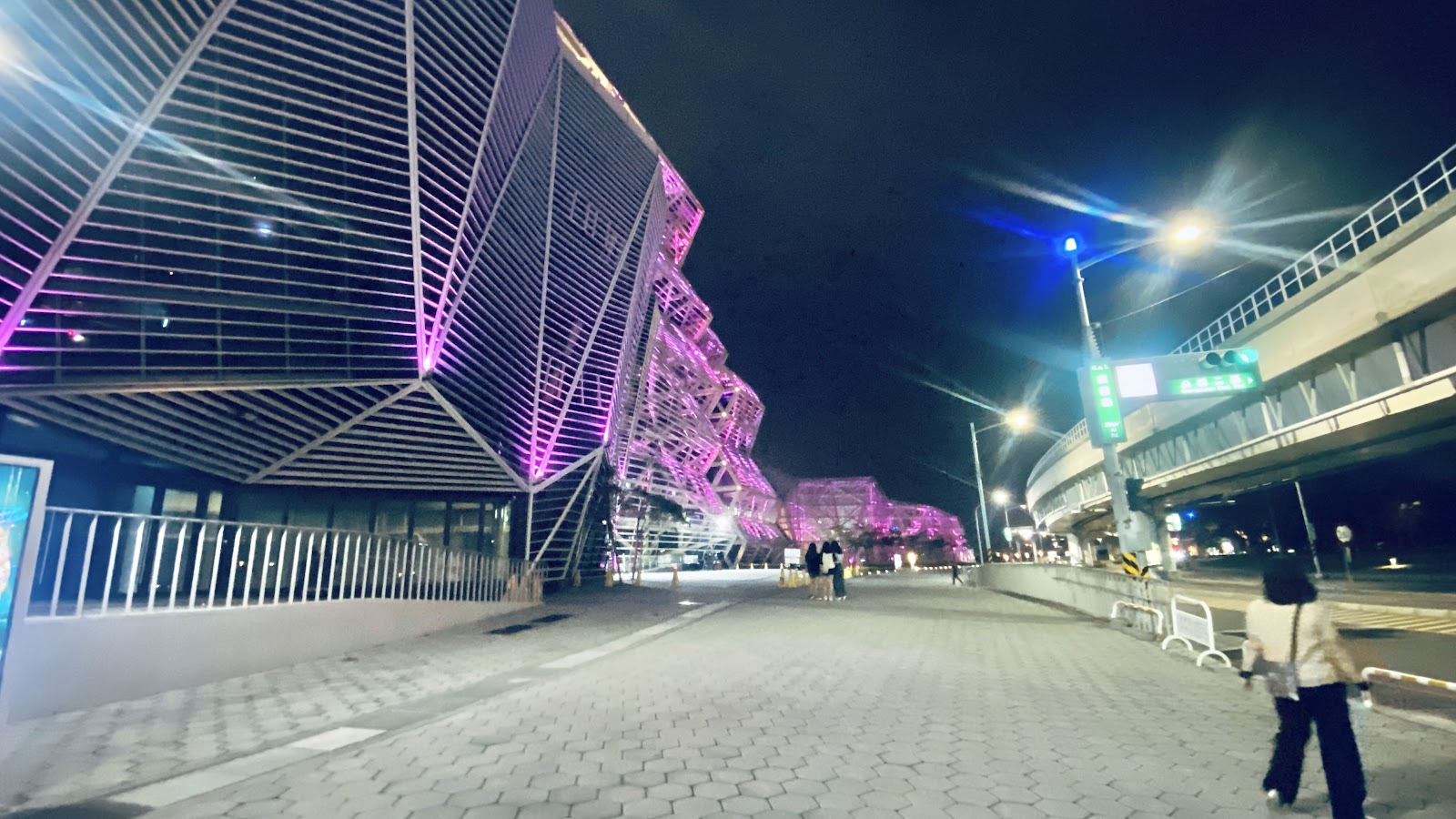 高雄流行音樂中心側面夜景，格狀外牆霓虹紫光