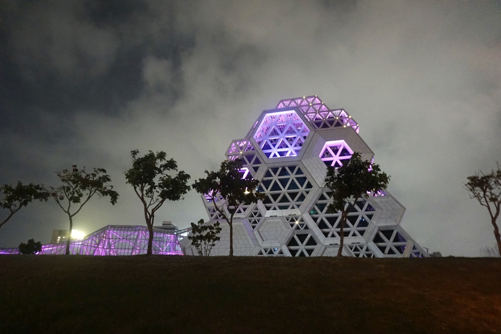 高雄流行音樂中心六邊形格狀建築夜景紫光