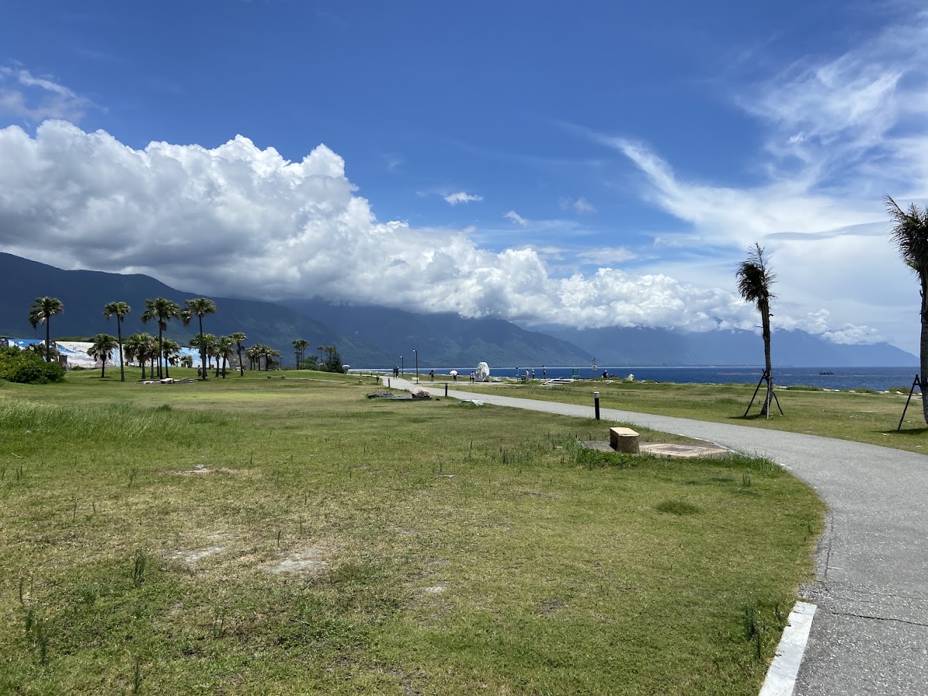 綠地步道沿著海岸線延伸，椰子樹與遠山同框的七星潭景色