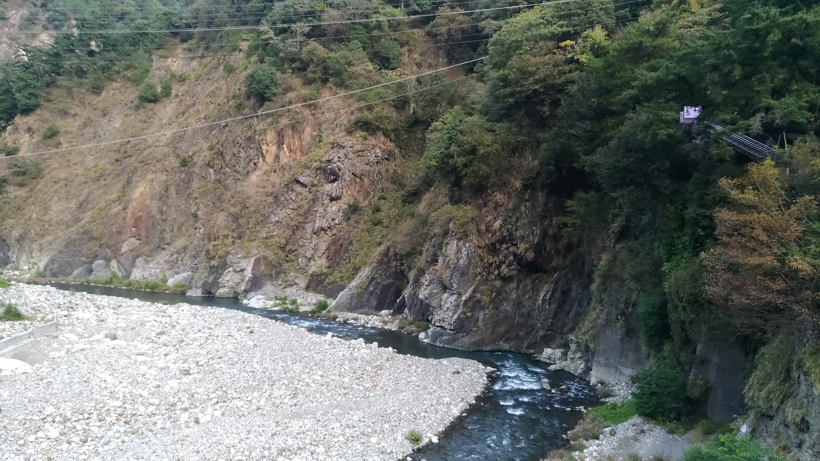 谷關溫泉大甲溪峽谷河床風景,白色礫石與碧綠溪水