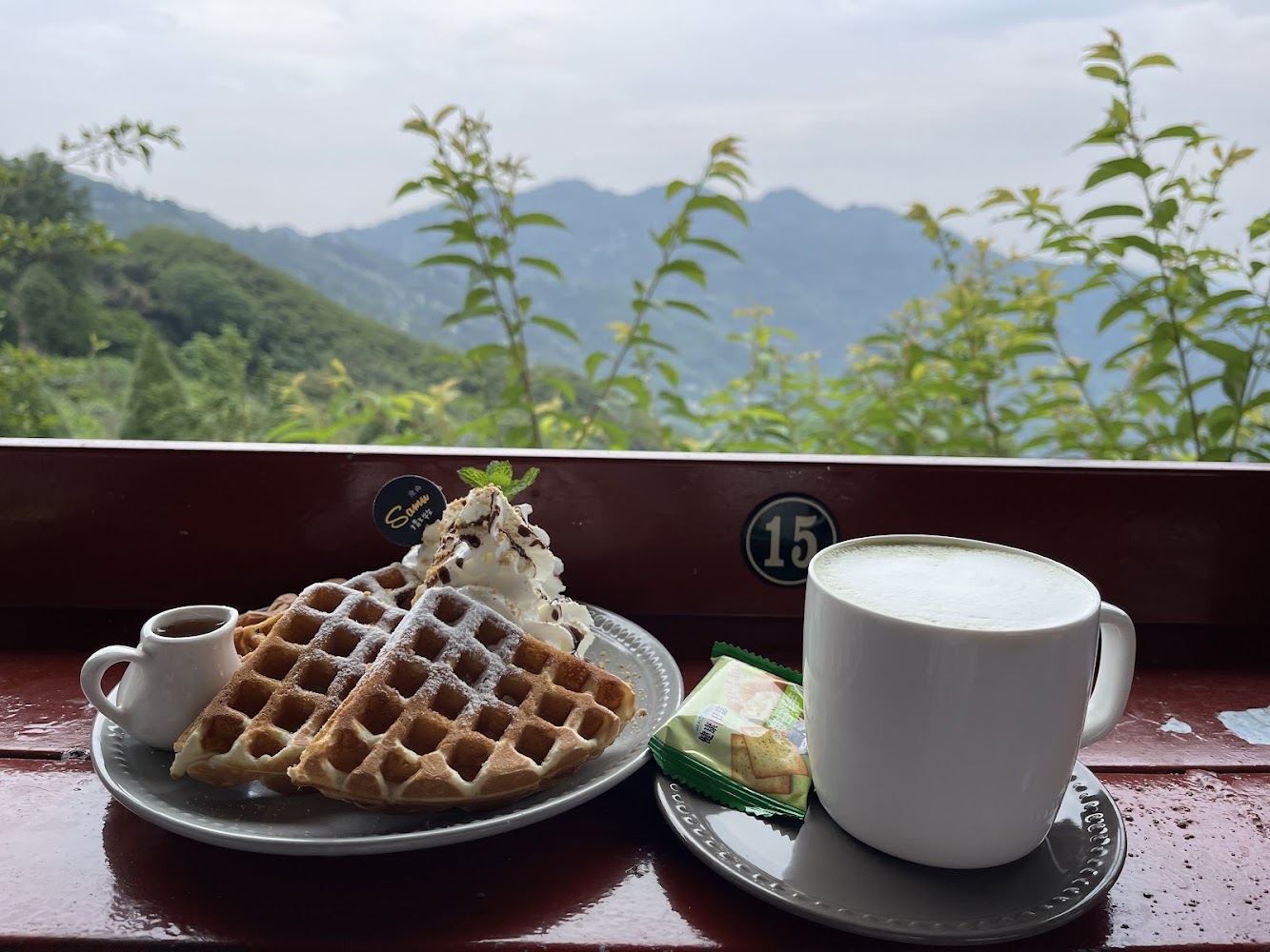 戶外山景前的鬆餅熱飲與餅乾