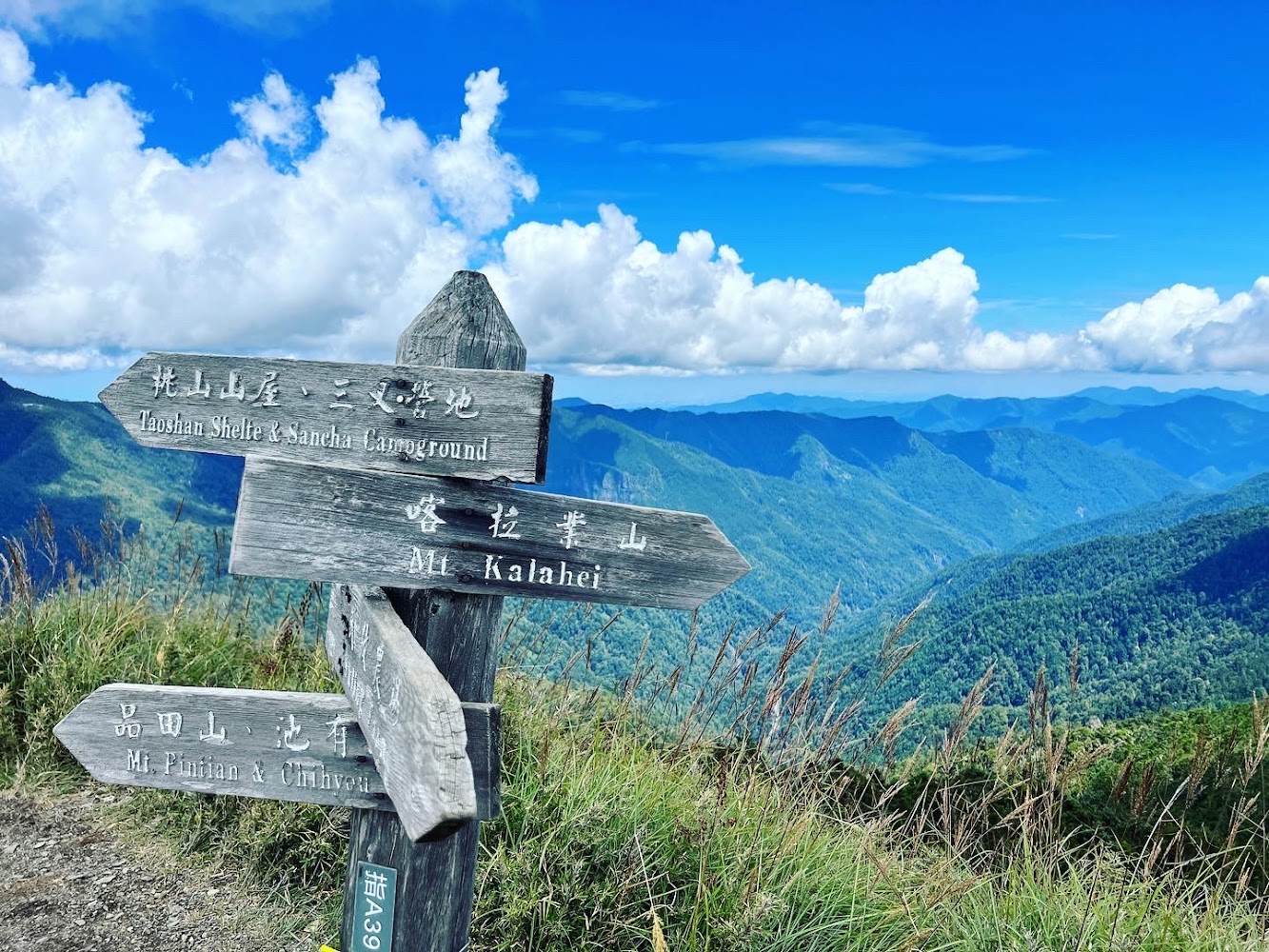 木製登山指標牌標示桃山山屋三叉營地喀拉業山和品田山方向