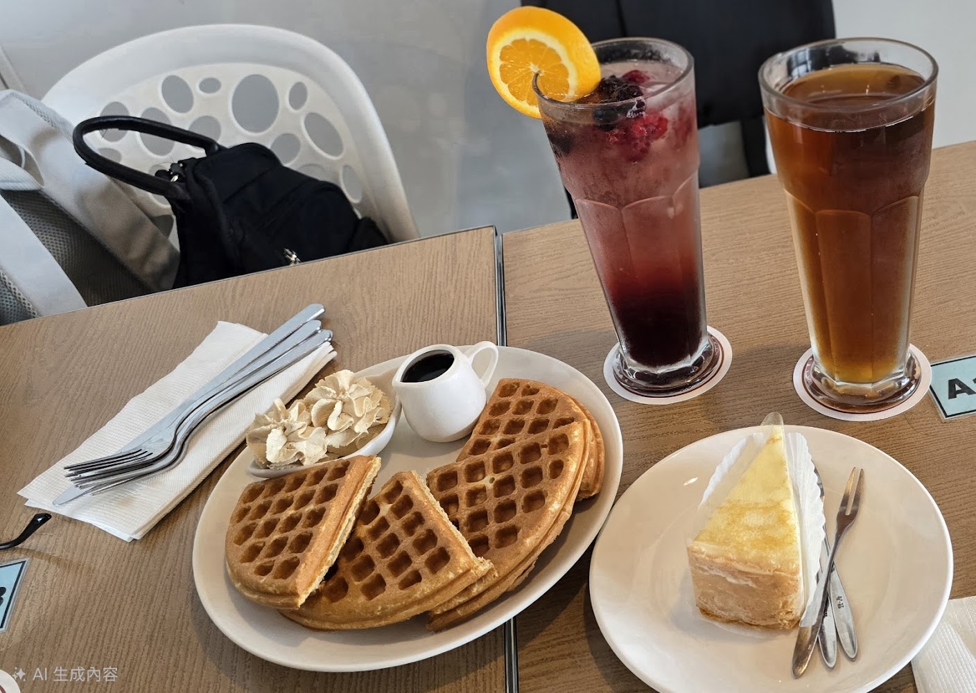 桌上有鬆餅、蜂蜜、鮮奶油、起司蛋糕與兩杯飲料