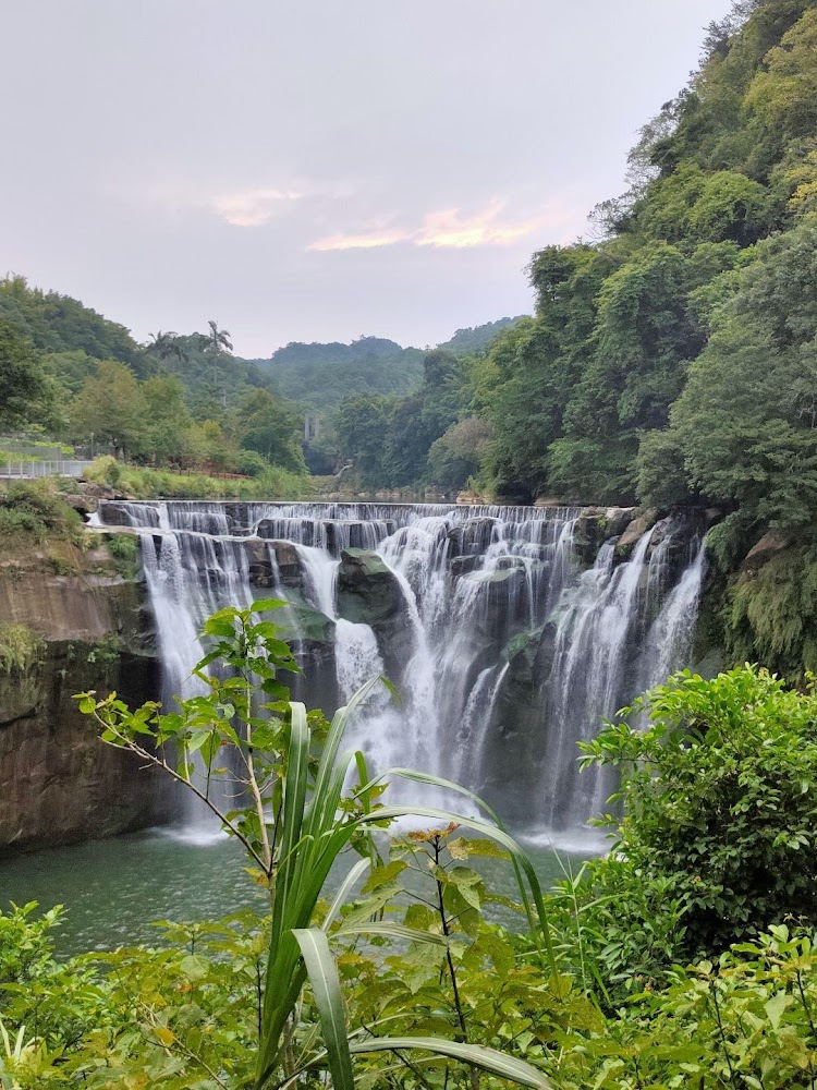 這張圖片主要展示了一座壯觀的瀑布，水流從岩壁上傾瀉而下，周圍環繞著翠綠的樹木與植被，營造出自然與清新的氛圍。