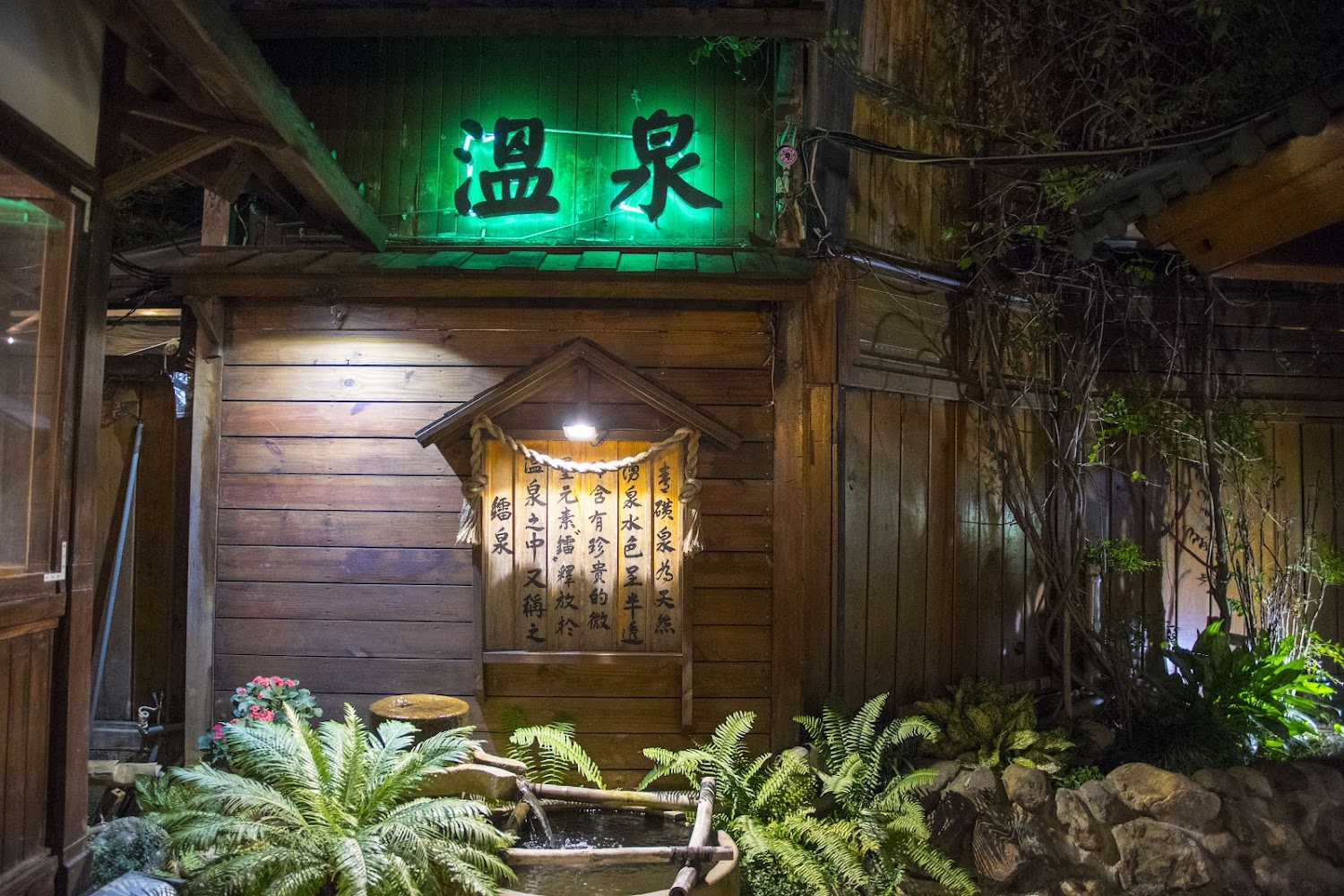 溫泉設施外觀與綠色燈光招牌