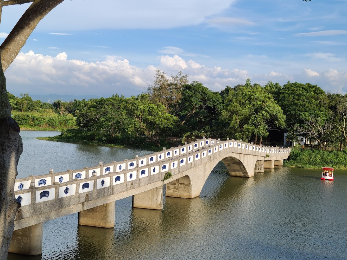 青草湖步行橋與湖面船隻景觀