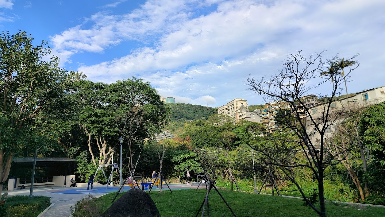 綠意盎然的公園有樹木、草地和遊樂設施，遠處可見山和住宅建築