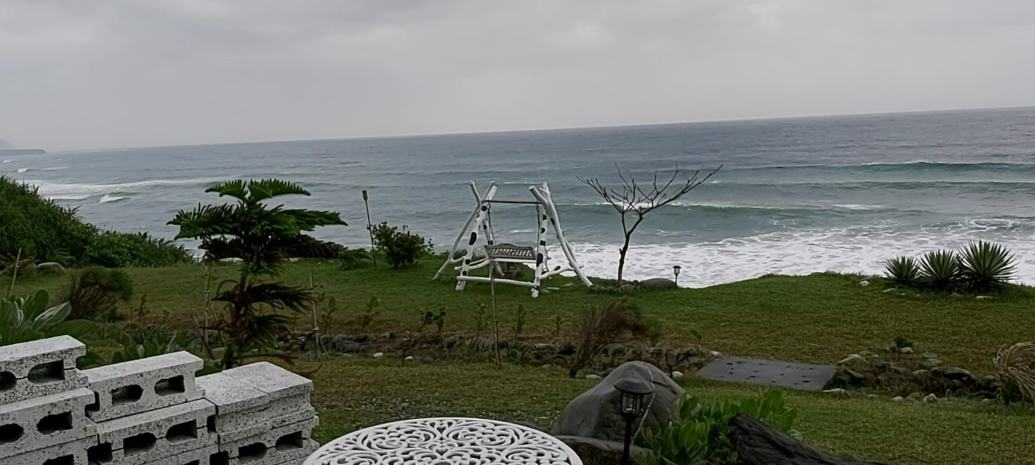 海邊草地上的白色鞦韆與海景