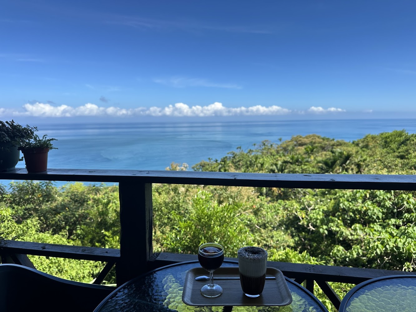 這張圖片展示了一個面向大海的陽台，桌上擺有兩杯飲品，前方有茂密的綠樹和遼闊的藍色海洋，氣氛悠閒舒適。