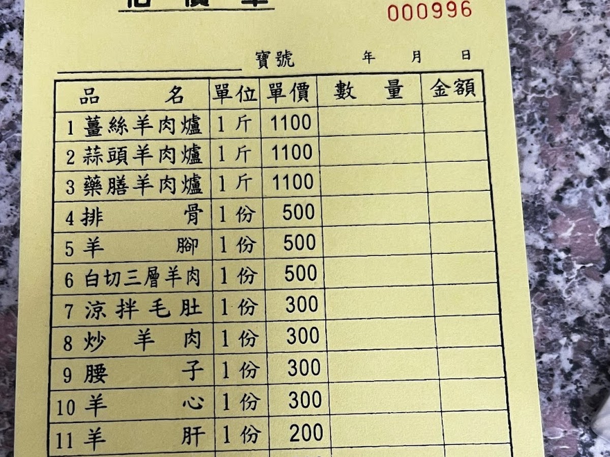 隨意吃土羊料理店點菜單，菜色與價格清單
