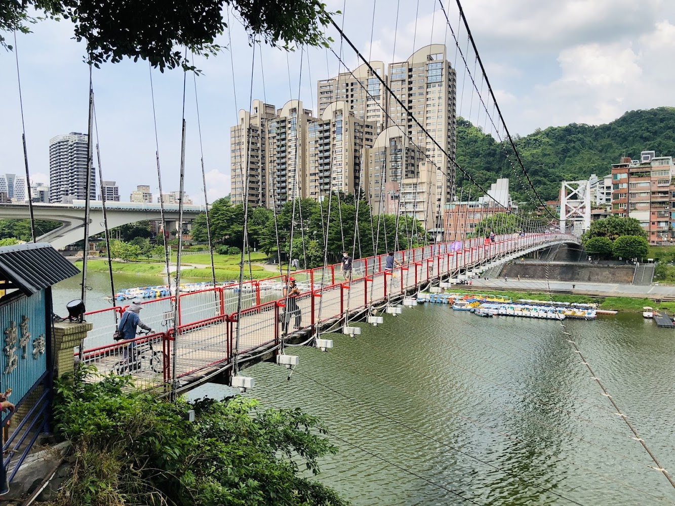 碧潭紅色吊橋與天鵝船河景