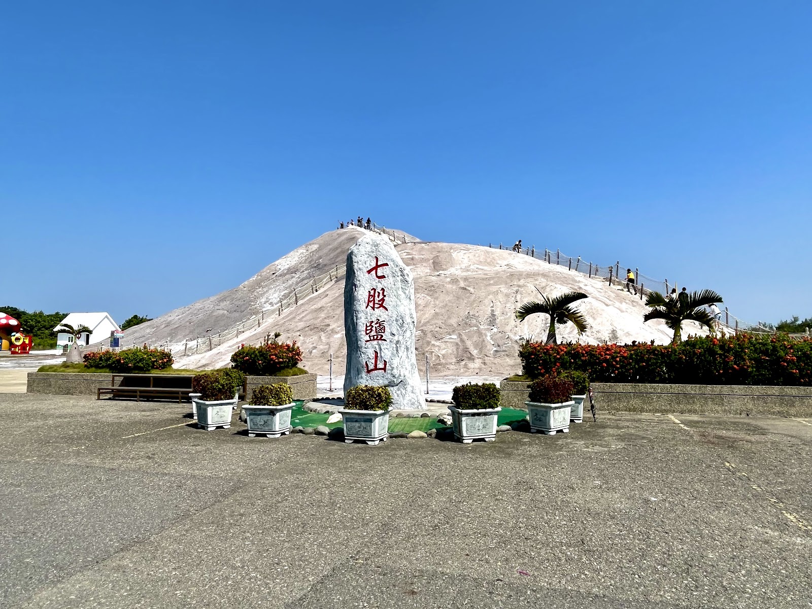 七股鹽山廣場全景，石碑前花圃，棕櫚樹，晴朗藍天