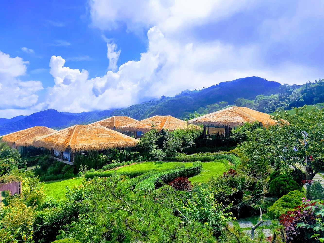 優遊吧斯鄒族文化部落茅草屋與山景
