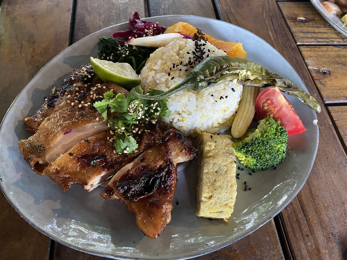 包含烤雞肉白飯蛋卷與多樣蔬菜的豐盛餐盤