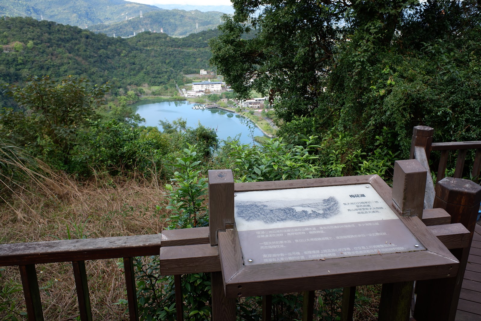從望梅台俯瞰宜蘭梅花湖全景，湖面形狀如梅花五瓣，心島清晰可見