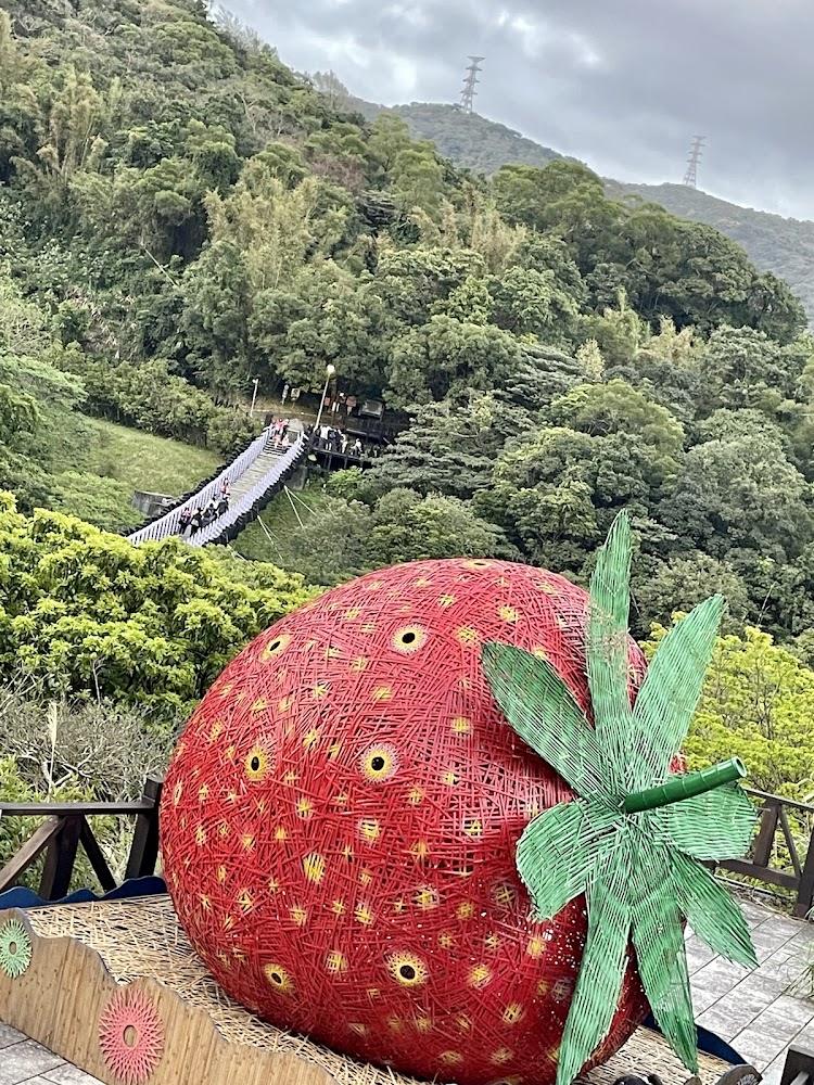 大型草編草莓與白石湖吊橋山景