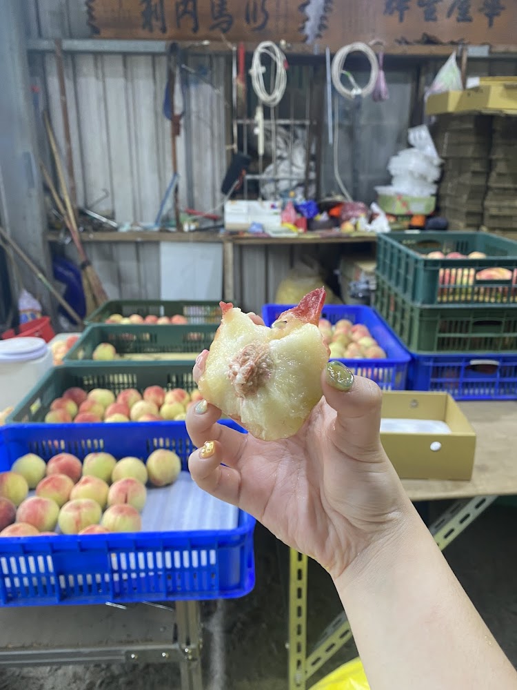 手拿咬過的水蜜桃與後方整齊擺放的桃子