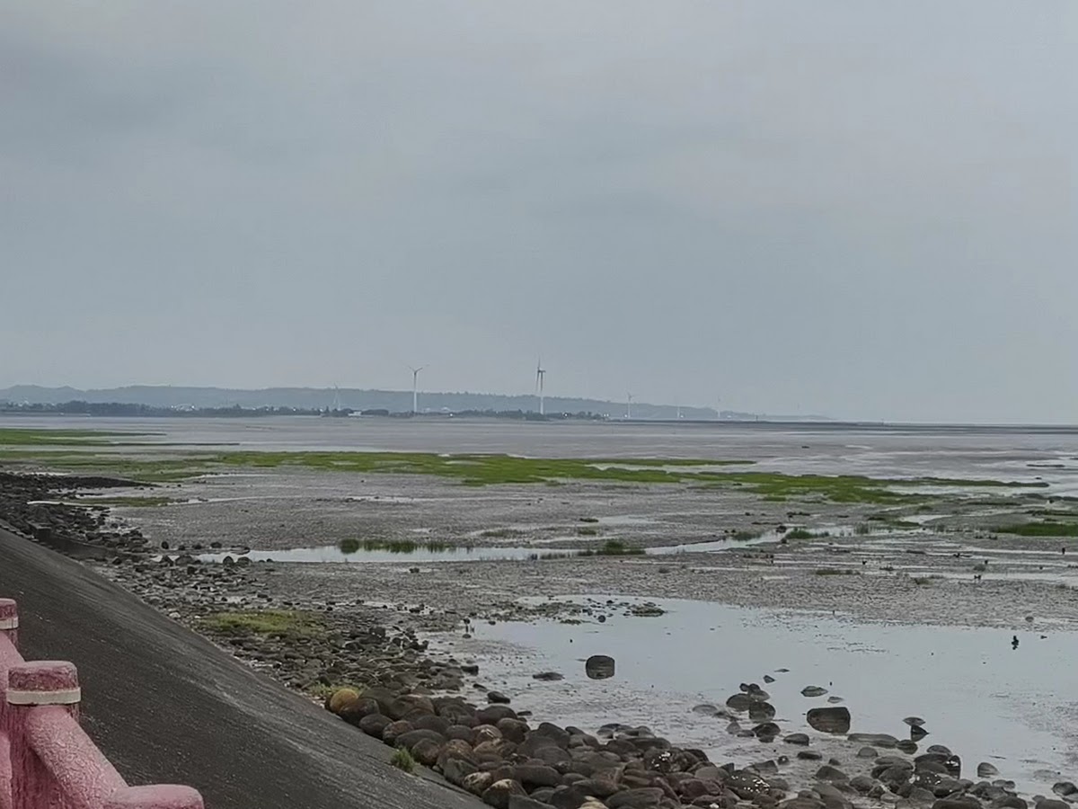 香山濕地觀景台俯瞰黃昏潮間帶，粉色欄杆，遠方是廣闊的台灣海峽