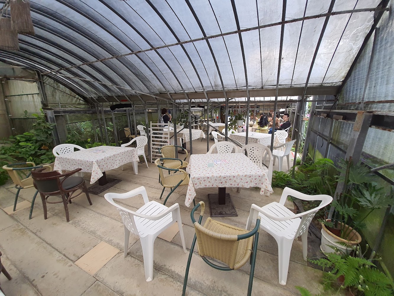 溫室風格咖啡館內有花布桌巾餐桌和大量植物