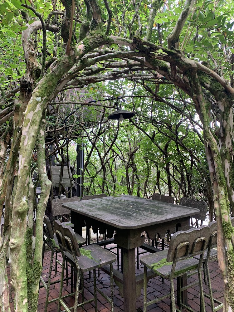 仙徠山莊景觀餐廳戶外木桌椅與青苔