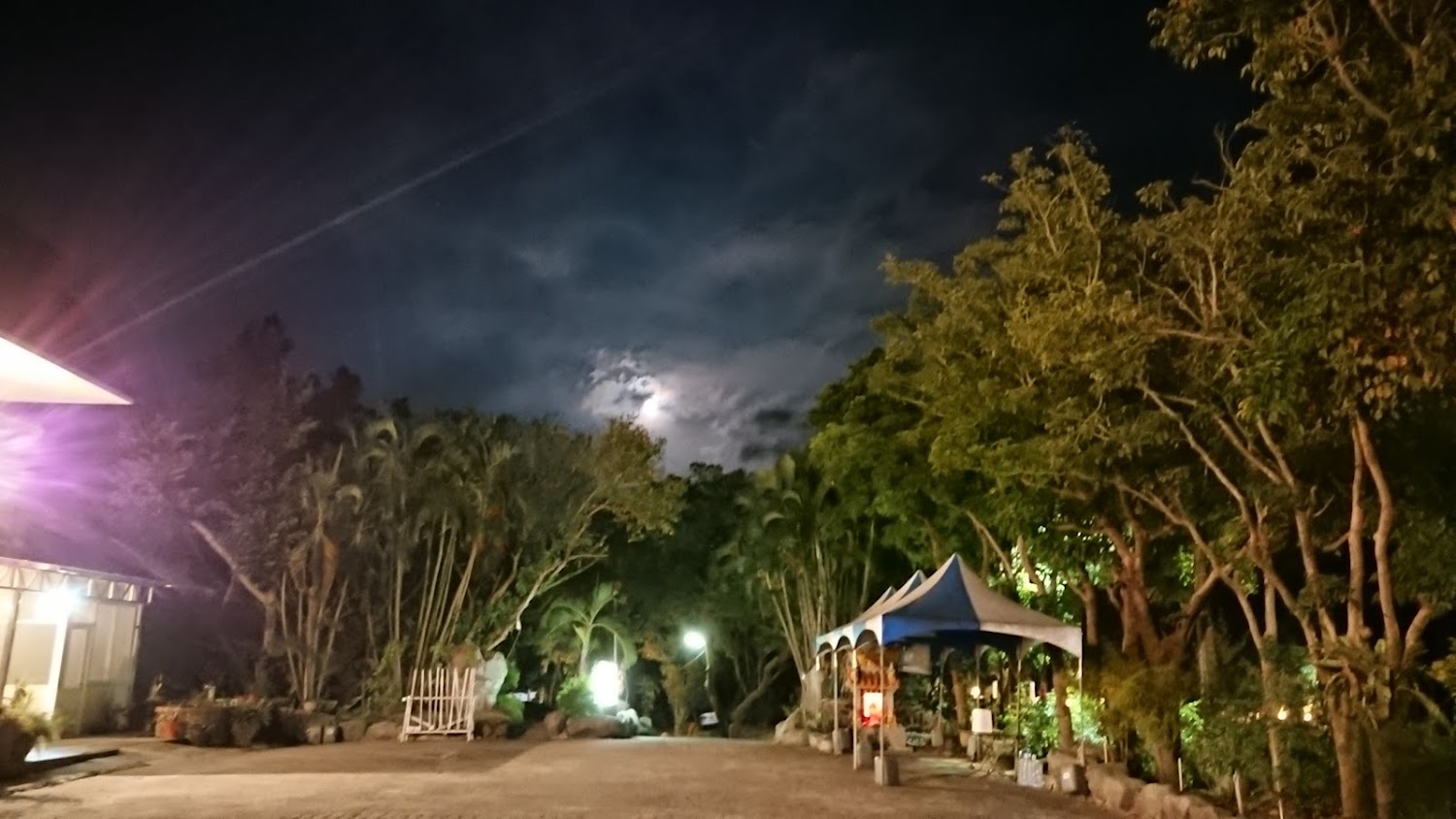 夜晚天空有月亮和雲，地面可見樹林、帳篷與燈光