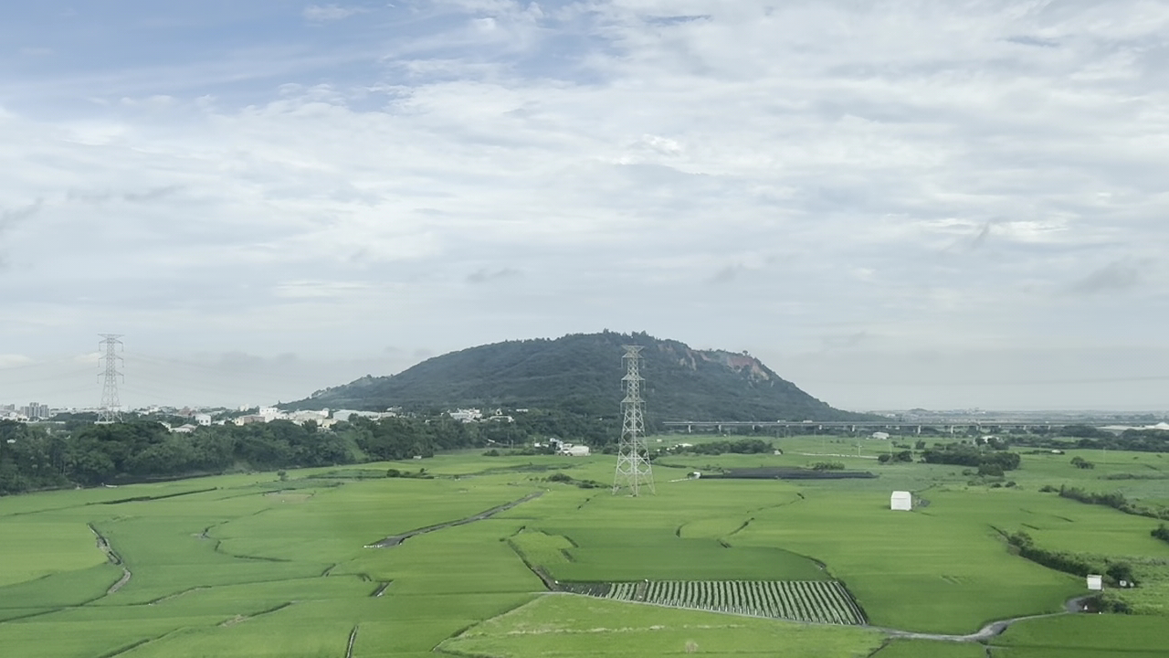 廣闊綠色稻田遠方有山丘與電塔天空多雲